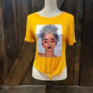 Love J mustard yellow t-shirt with image and sparkly/pearl like details